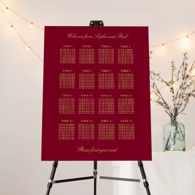 Burgundy Gold 16 Table Seating Chart Foam Board