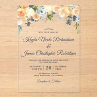 Navy Blue Coral Peach Watercolor Floral Wedding Acrylic Invitations