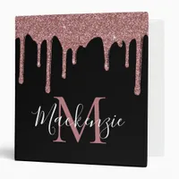 Black Rose Gold Glitter Sparkle Drips Monogram 3 Ring Binder