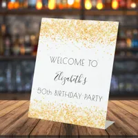 Birthday party white gold glitter dust welcome pedestal sign