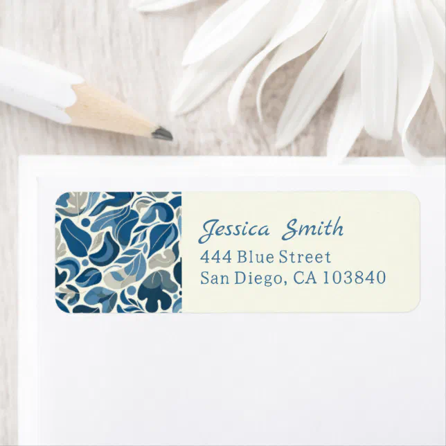 Elegant Blue Floral Wavy Pattern Return Address Label