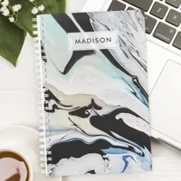 Black Blue Modern Liquid Ink Marble Personalized Planner