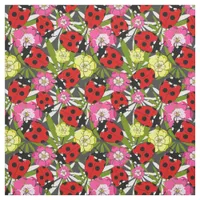 Cute Ladybirds and Flowers Pattern on Grey Fabric