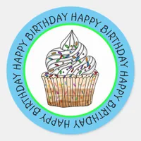 Happy Birthday Cartoon Vanilla Cupcake   Classic Round Sticker
