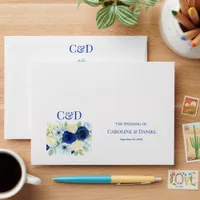 Navy Royal Bue Wedding Watercolor Ivory Flowers Envelope