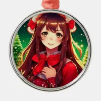 Beautiful Anime Girl in Red Christmas Metal Ornament