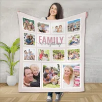 Family is Everything Blush Pink Photo Collage Fleece Blanket