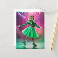 Adorable Ice Skating Cat in Green Postcard