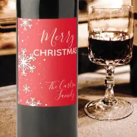 Merry Christmas White Snowflakes on Red  Wine Label