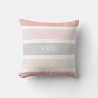 Chic Pink Gray Cream Wide Stripes Modern Monogram Throw Pillow