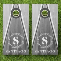 Gray Wood Triangle Stripe Wreath Monogram Name Cornhole Set