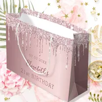 Birthday blush pink glitter drips monogram name large gift bag