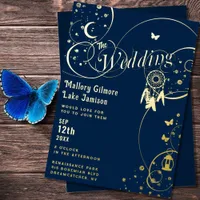 Boho Navy Blue Dreamcatcher Wedding Gold Foil Invitation