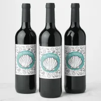 Clambake Teal Circle Seashells Party Wine Label