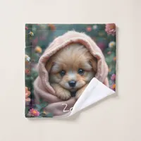 Cute, tiny, fluffy puppy surrounded by flowers wash cloth