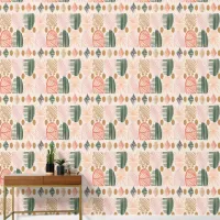 Caribbean Tribal Mudcloth: Boho Dark Green, Pink  Wallpaper