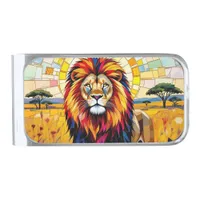 Vibrant Colorful Lion Mosaic   Silver Finish Money Clip