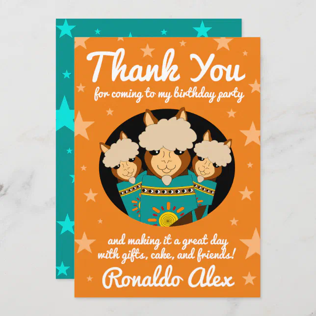 Cute Happy Birthday Boy Alpacas in Teal Serapes Thank You Card