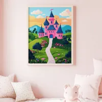 Pink Fantasy Castle Sunset Landscape Wall Art