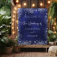 Wedding navy blue silver glitter welcome poster