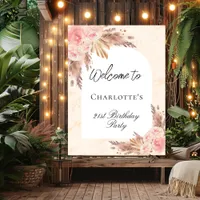 Birthday pampas grass rose gold blush arch welcome poster