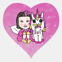 Magenta Asian Fairy and Unicorn Heart Shaped Heart Sticker