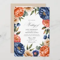 French Blue, Coral, and Sand Beige Floral Wedding Invitation