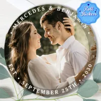 Elegant Bride Groom Modern Photo Name Date Wedding Classic Round Sticker