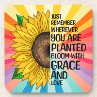 Inspirational Quote and Hand Drawn Sunflower Beverage Coaster