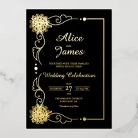 Floral Mandala Elegant Black Gold Foil Wedding Invitation