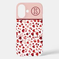 Watercolor Red Hearts Valentine's Day Monogrammed iPhone 16 Case