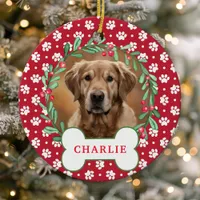 Red Paw Print Dog Photo Christmas Wreath Ceramic Ornament