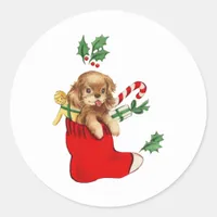 Cute Christmas Puppy Vintage Classic Round Sticker