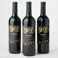 90th birthday black gold stars photo wine label