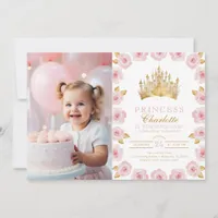 Pink and Gold Princess 1st Birthday Photo Invitation