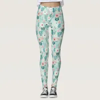 Pretty Blue and Pink Pastel Folk Art Flowers Leggings