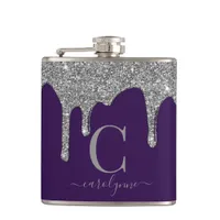 Silver Sparkle Glitter Drips on Purple Monogram Flask