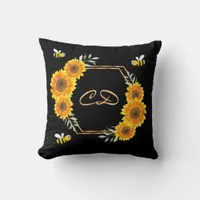 Sunflowers black bees monogram throw pillow