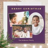 3 Photos Purple & Faux Gold Custom Name Christmas Holiday Card
