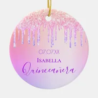 Quinceanera pink purple glitter drips ceramic ornament
