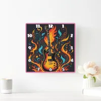 Vibrant guitar engulfed in flames and swirls square wall clock