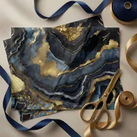 Luxury Navy Blue Black Faux Gold Marble Agate Tissue Paper