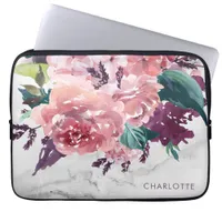 Personalized Romantic Vintage Pink Floral Marble Laptop Sleeve