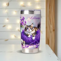 Cat  in Purple Yarn and Flowers Personalized Insulated Tumbler