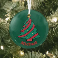 Boys Name | Green Christmas Tree Glass Ornament