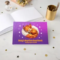 Cute Fox Cub Asleep in Starry Sky Baptism Guest Book