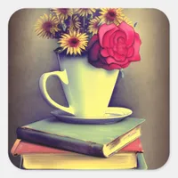 Stack of Books, Daisies and a Rose in a Coffee Cup Square Sticker