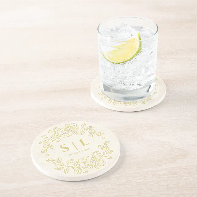 Minimalist Elegant Golden Outline Floral Wedding Coaster