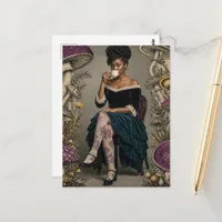 Beautiful Woman Drinks Tea Purple Retro Mushrooms Postcard