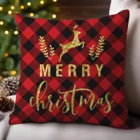 Buffalo Plaid Merry Christmas Reindeer Glitter  Throw Pillow